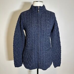 Inis Crafts Merino Wool Cable Knit Cardigan Sweater Womens Small Ireland Navy